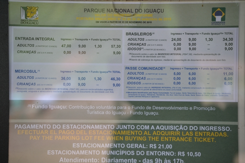 Prices for tickets to visit the Iguazu waterfalls